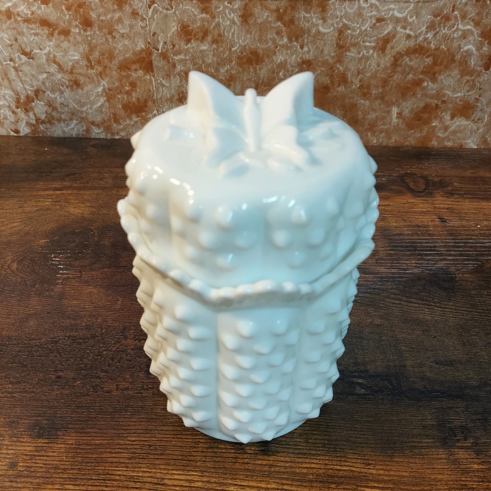 Vintage White Hobnail Milk Glass Canister with Butterfly Lid 6x3.5 Inch